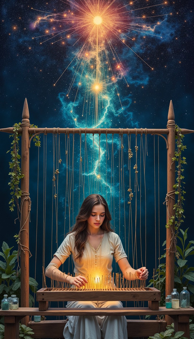 A weaver at her loom, weaving cosmic threads into the stars