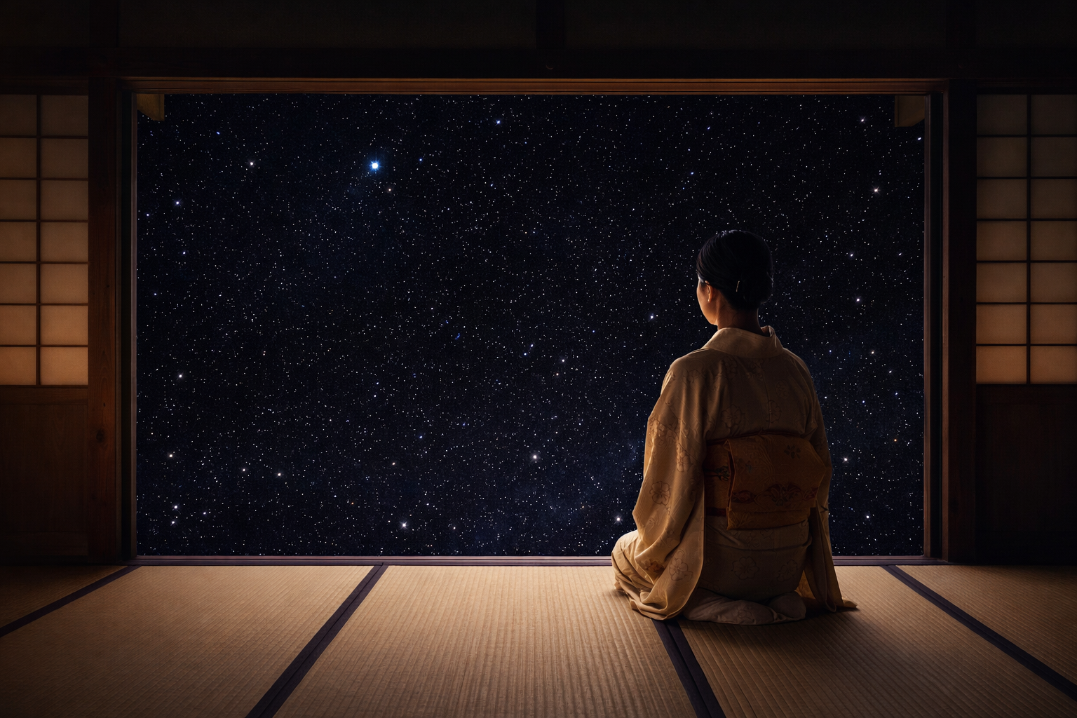 Japanese room opening onto a starfield — ancient Buddhist insight meets the cosmos