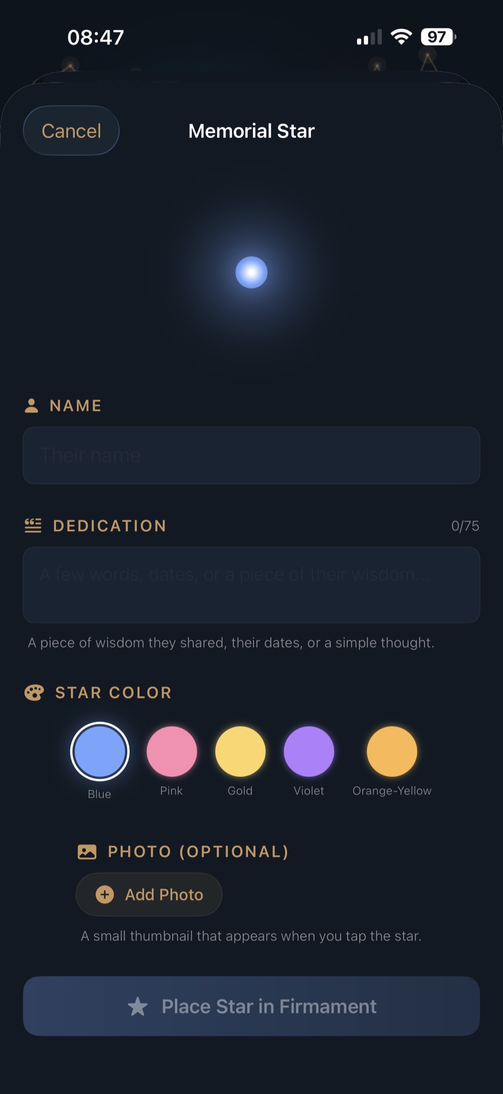 Memorial star for a loved one